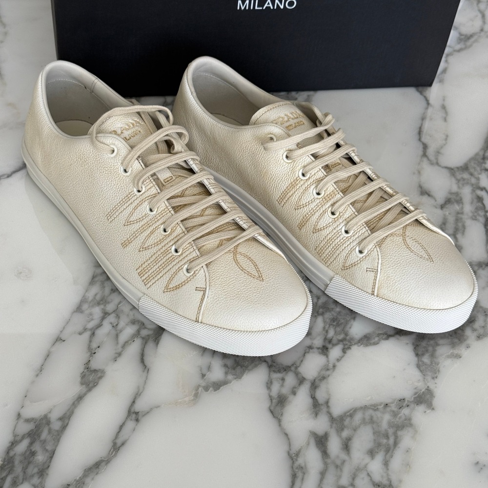 Prada Milano 2EE448 Mens White Pebbled Leather Low Top Sneakers, UK 10 - Picture 15 of 16